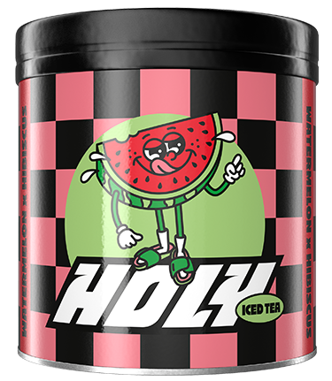 Schwarz-rosa karierte Pappdose mit fröhlichem Wassermelonen-Maskottchen und dem Text "HDLZ Iced Tea".