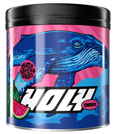 Pappdose mit blauem Wal und Wassermelonen-Design, darauf steht "HOLY Energy".