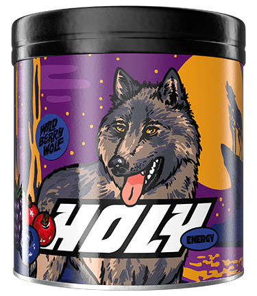 Pappdose mit Wolfdesign und der Aufschrift "Holy Energy", umgeben von Beerenillustrationen auf buntem Hintergrund.