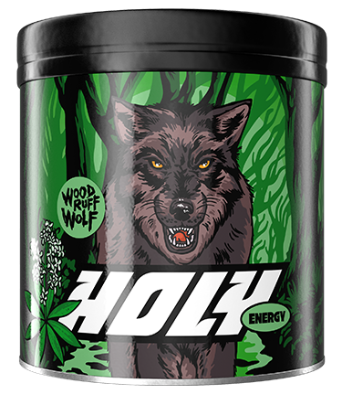 Schwarze Pappdose mit einem Wolfdesign und der Aufschrift "Holy Energy Woodruff Wolf" in einem grünen Waldhintergrund.