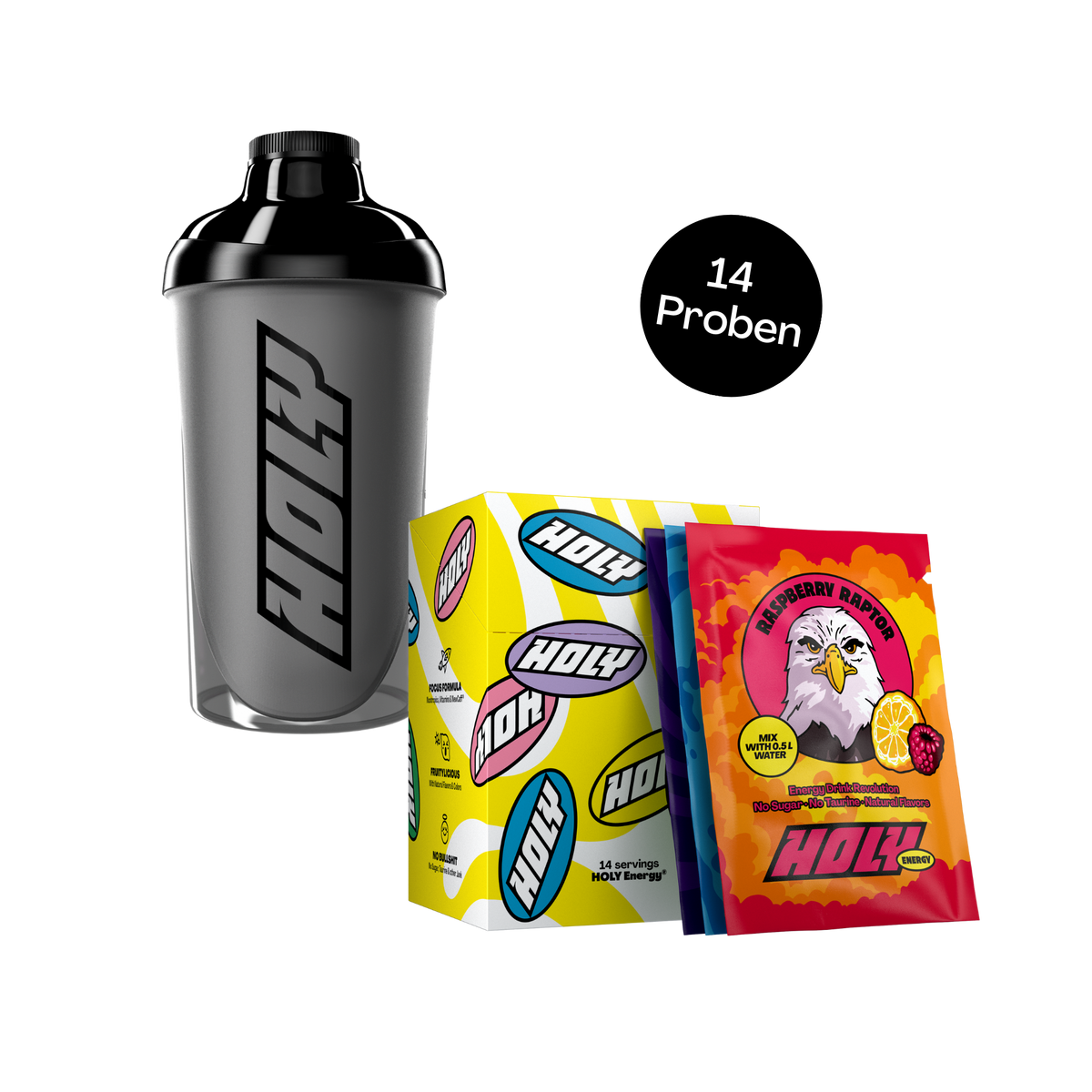 Schwarzer Shaker, gelbe Pappbox mit 14 Probepackungen und eine sichtbare Raspberry Raptor Probepackung.