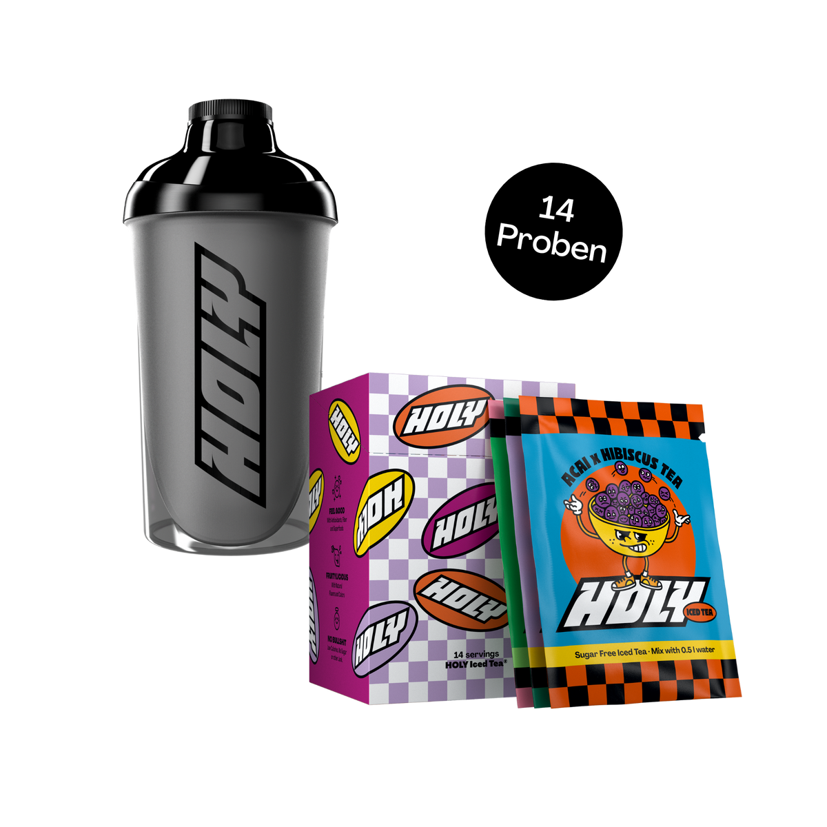 Schwarzer Shaker neben einer lila Pappdose mit 14 Probepackungen und einem farbigen Sachet vorne.
