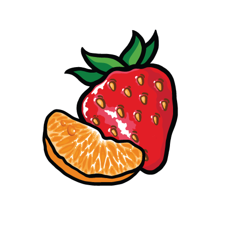 Erdbeere und Mandarinenstück mit kräftigen Farben und grünen Blättern.