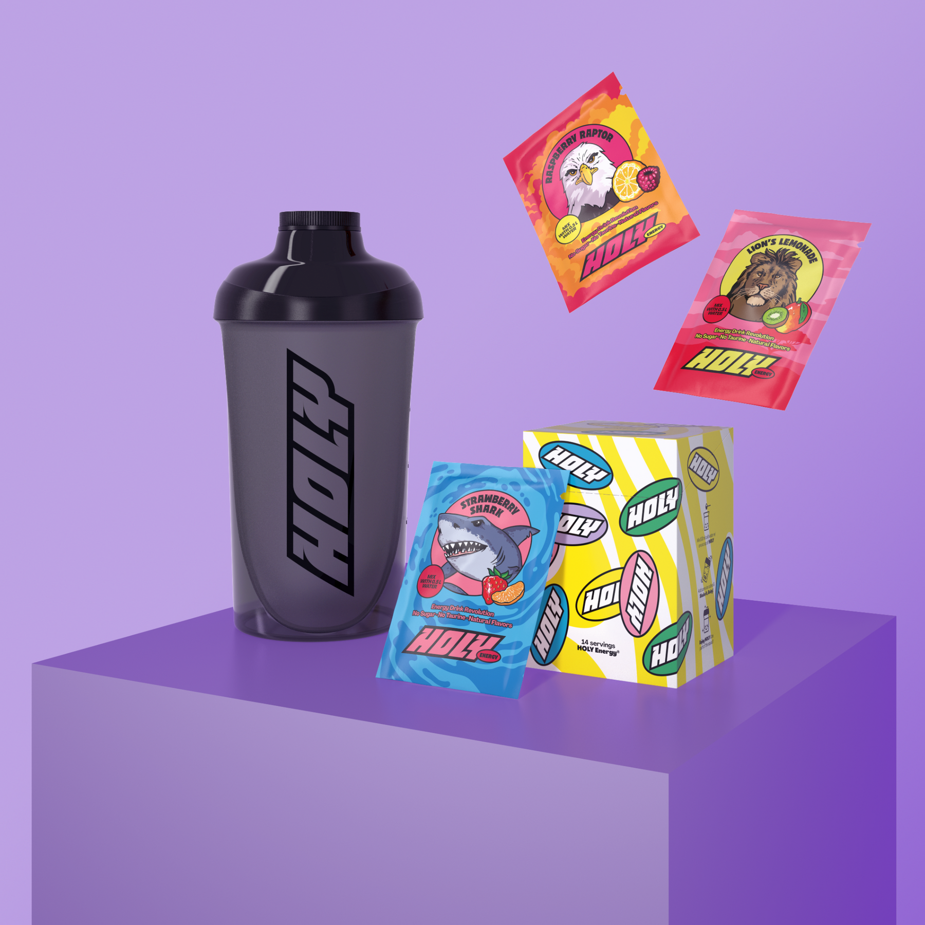 Schwarzer Shaker, zwei schwebende Probepackungen und eine Pappbox mit einer weiteren Probepackung auf einem lila Podest.