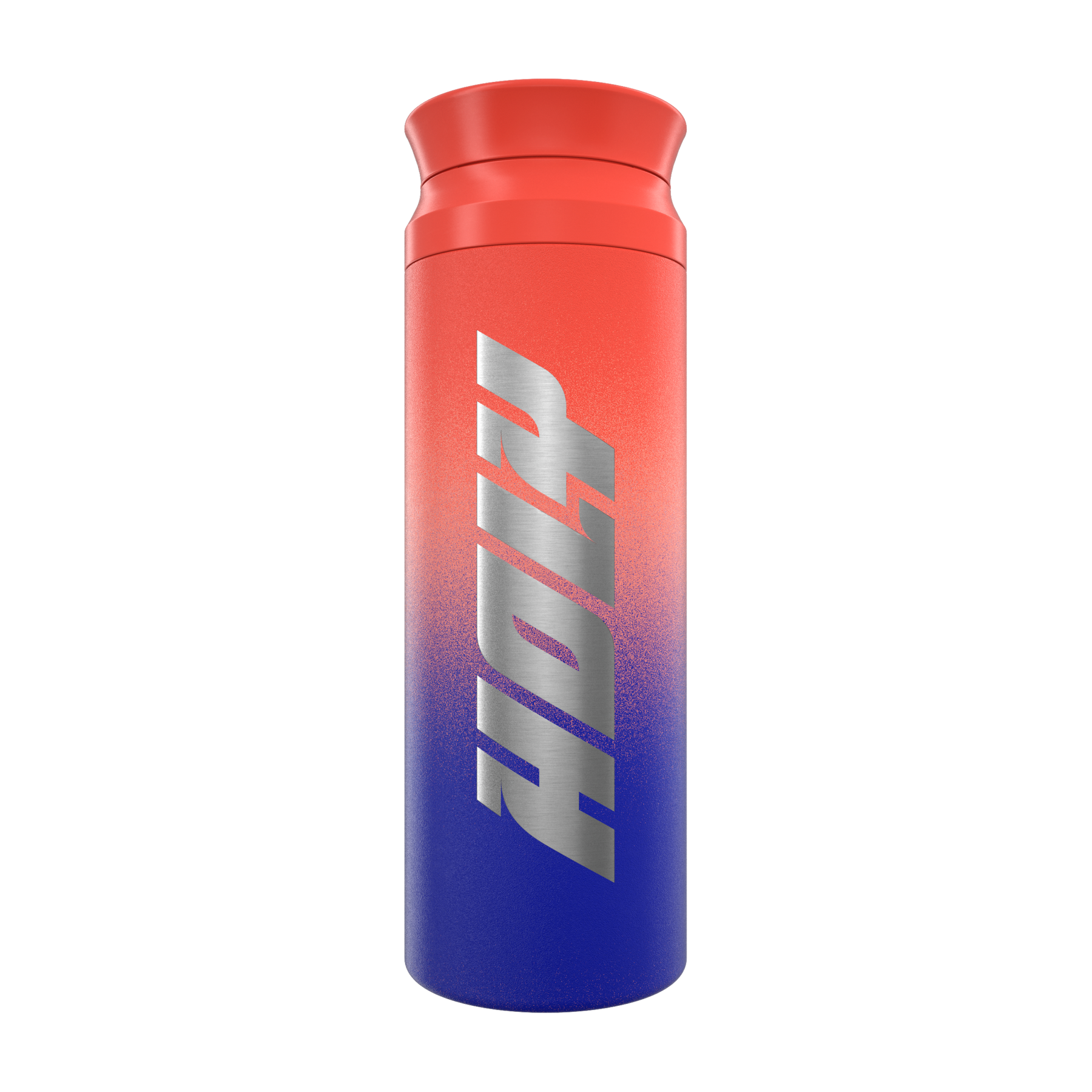 Ein blauer und roter Shaker mit silbernem Logo auf der Vorderseite.