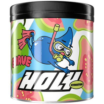 Bunte Pappdose mit einem tauchenden, cartoonhaften Charakter und dem Wort "HOLY" auf der Vorderseite.