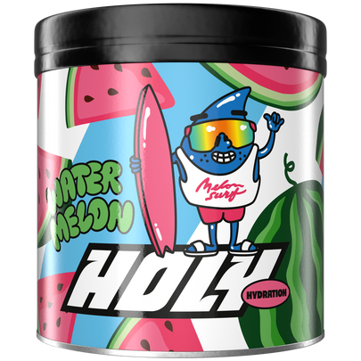 Pappdose mit Wassermelonen-Design und einem cartoonartigen Surfer mit Surfbrett.