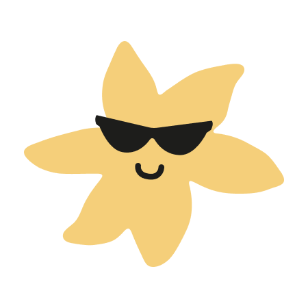 Ein gelber Stern mit Sonnenbrille und lächelndem Gesicht.