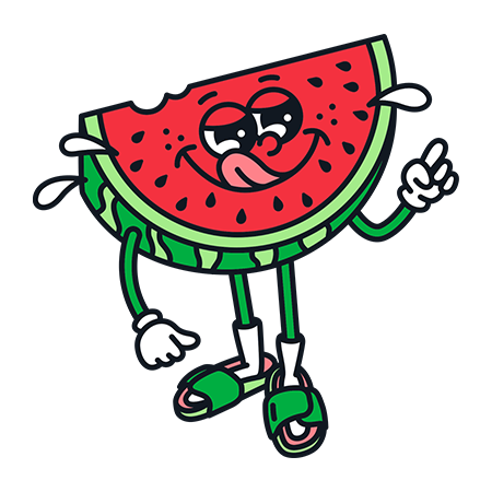 Illustration einer lächelnden Wassermelone mit Armen und Beinen, die grünen Sandalen und weiße Handschuhe trägt.