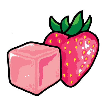 Eine pinkfarbene Eiswürfel-Illustration neben einer Erdbeere.