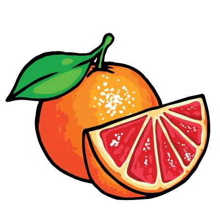 Orange und ein sichtbares Stück einer Blutorange mit grünem Blatt auf schwarzem Hintergrund.