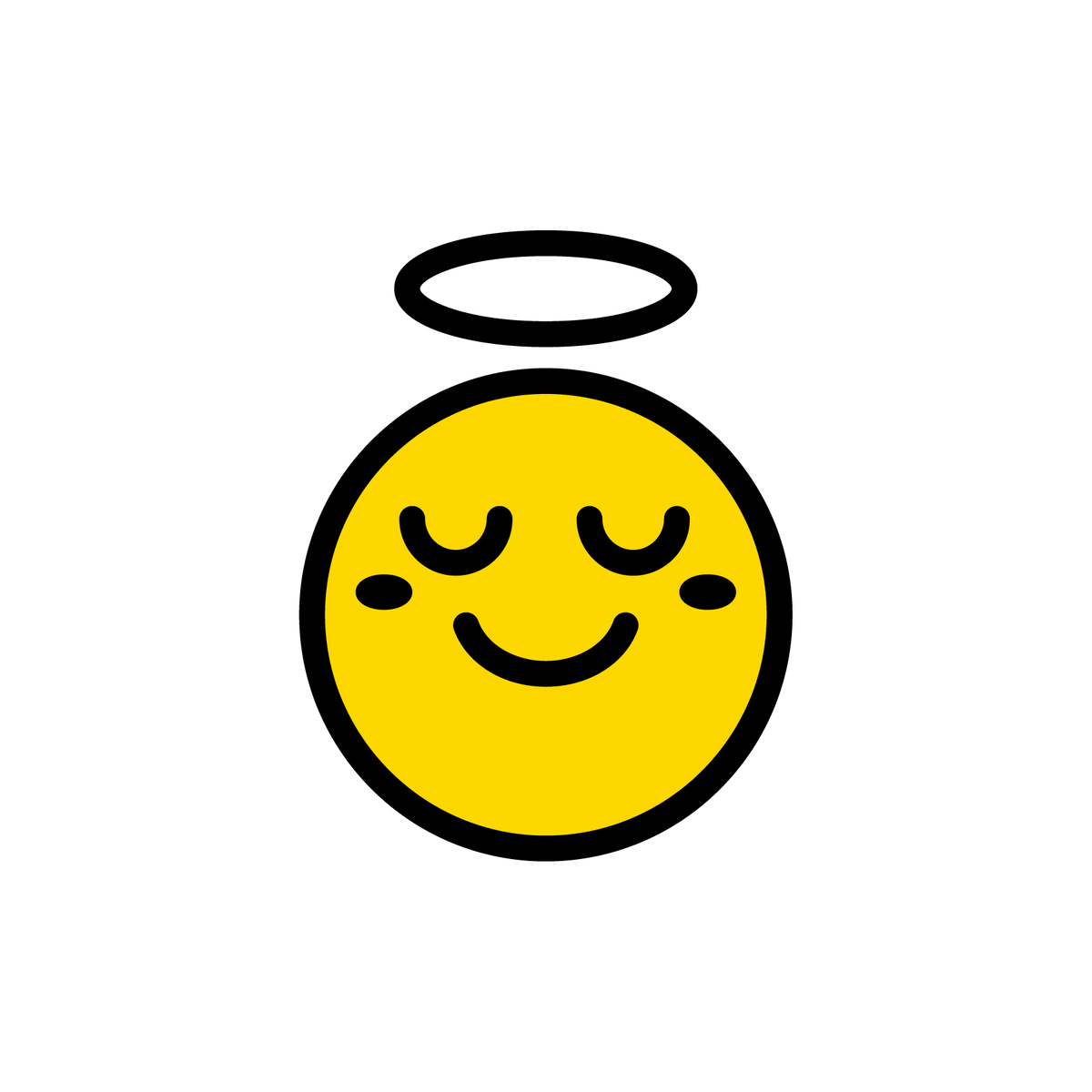 Gelbes Emoji mit Heiligenschein, geschlossenen Augen und einem sanften Lächeln.
