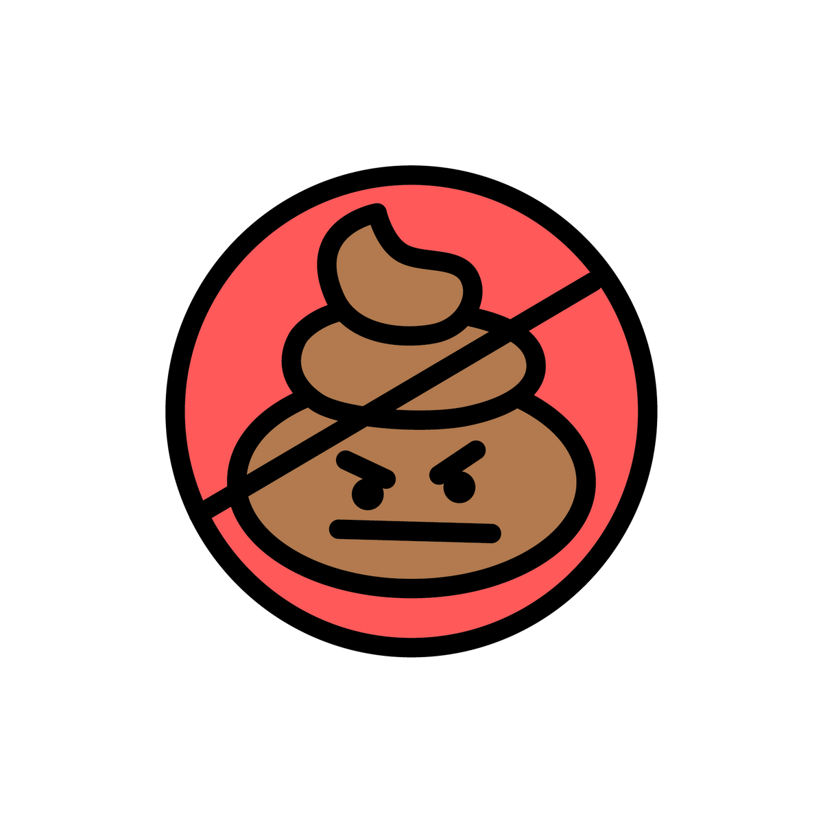Emoji eines verärgerten Poop mit durchgestrichenem roten Kreis, symbolisiert Verbot von Unordnung.