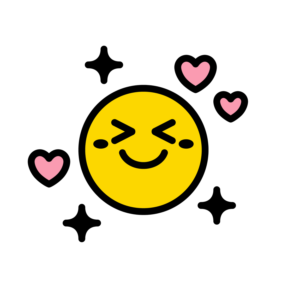 Ein lächelnder gelber Smiley mit geschlossenen Augen, umgeben von rosa Herzen und schwarzen Sternen.