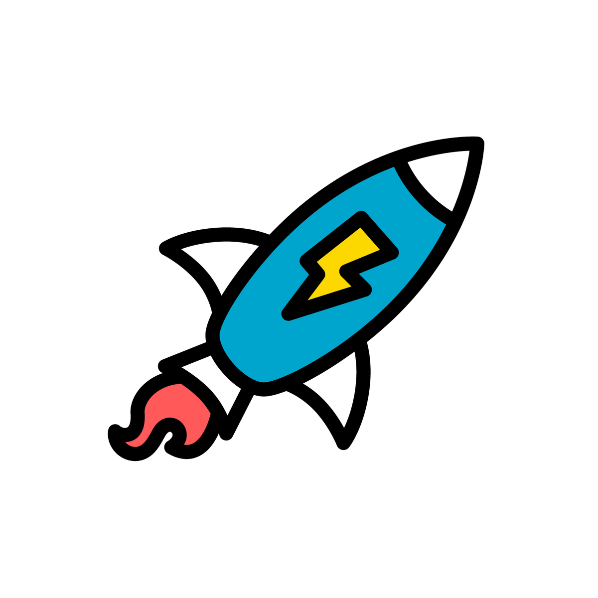 Farbiges Raketen-Icon mit blauem Körper, gelbem Blitzsymbol und roter Flamme auf weißem Hintergrund.