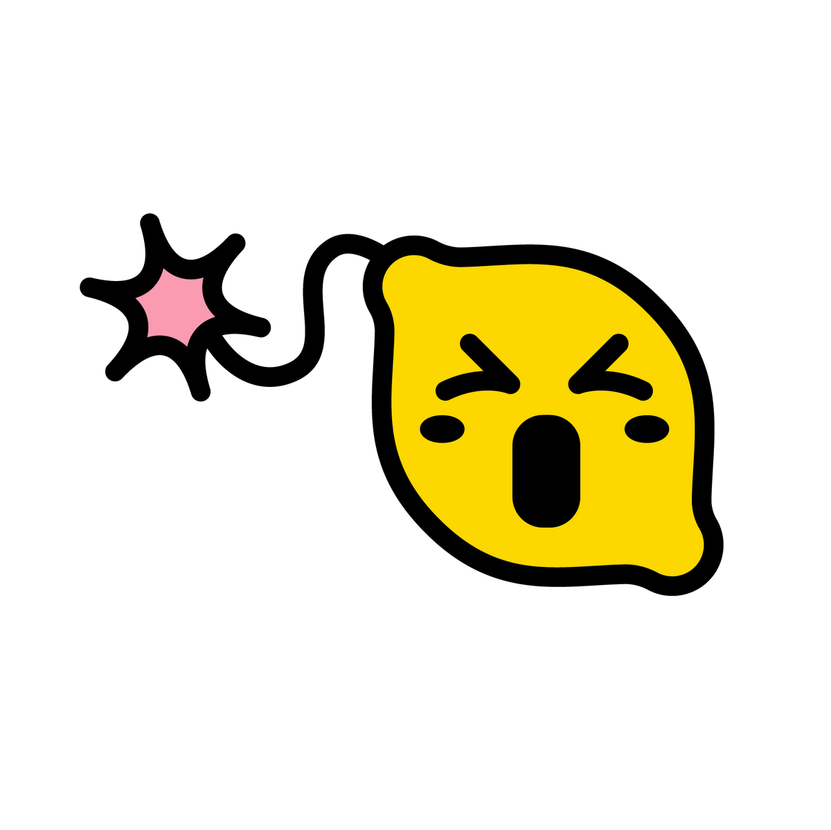 Illustration einer gelben Zitrone mit einem Gesicht, die wie eine Bombe geformt ist, mit Zündschnur und Explosionseffekt.