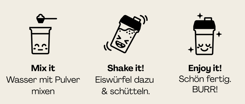 Drei Schritte zur Getränkezubereitung mit Illustrationen: Mixen, Schütteln im Shaker, und genießen.