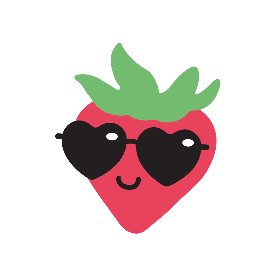 Niedliche, stilisierte Erdbeere mit Gesicht und herzförmiger Sonnenbrille.