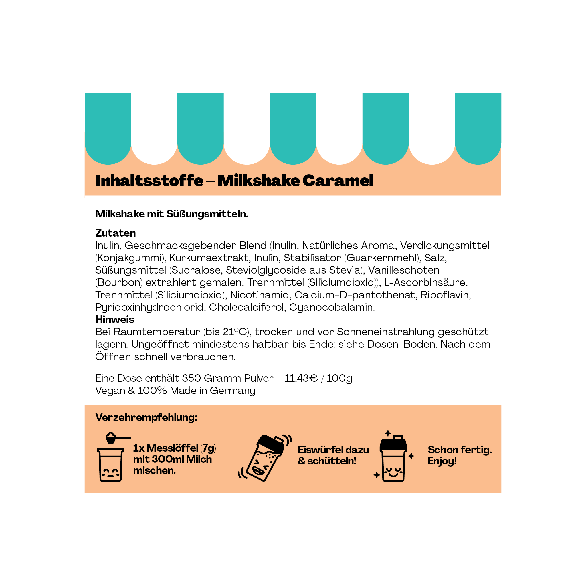 Text über die Zutaten und Zubereitung eines Milkshake Caramel mit Verzehrempfehlung, vegan und in Deutschland hergestellt.