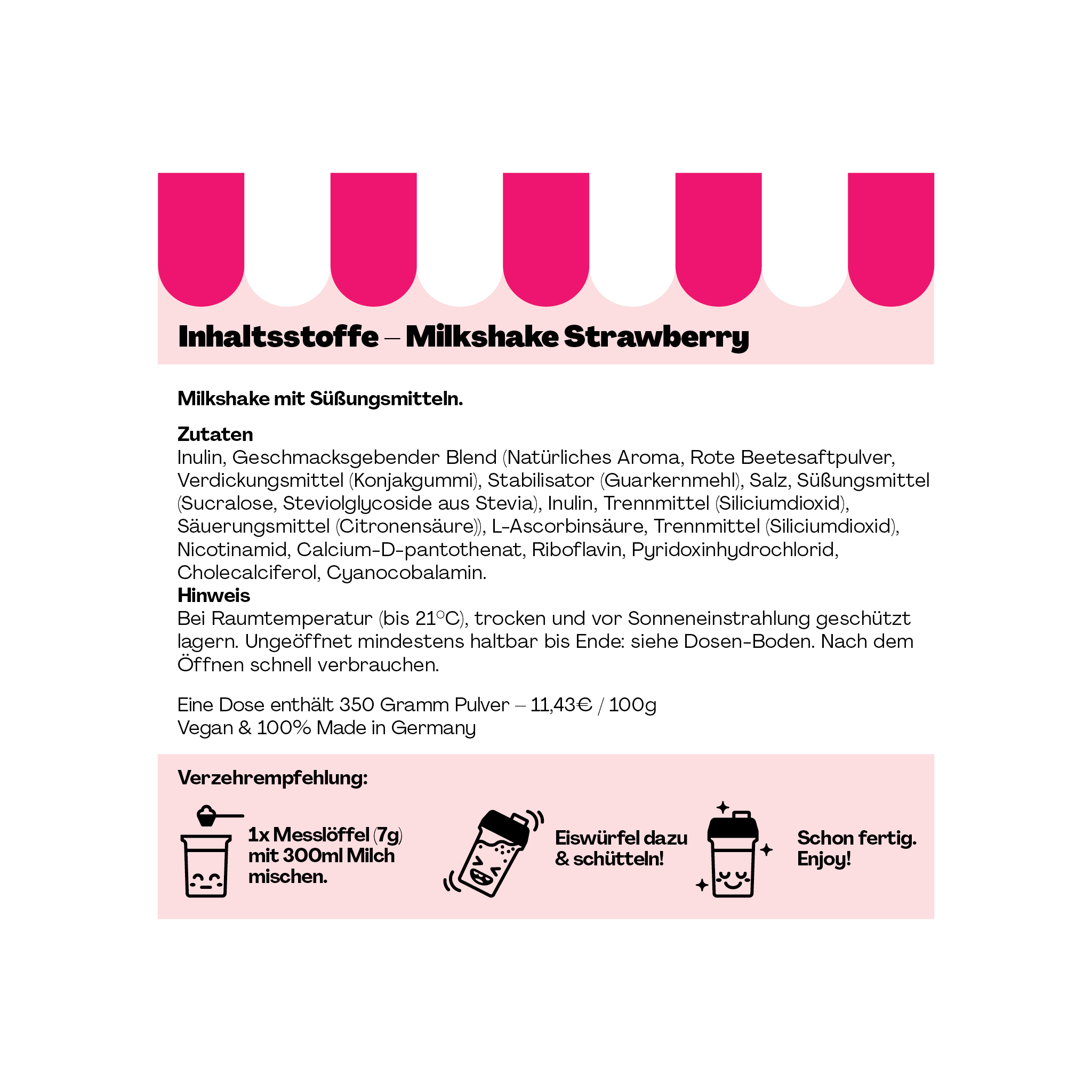 Verpackung für Milkshake Strawberry mit Zubereitungshinweisen und Zutatenliste. Vegan, 350g Pulver, Made in Germany.