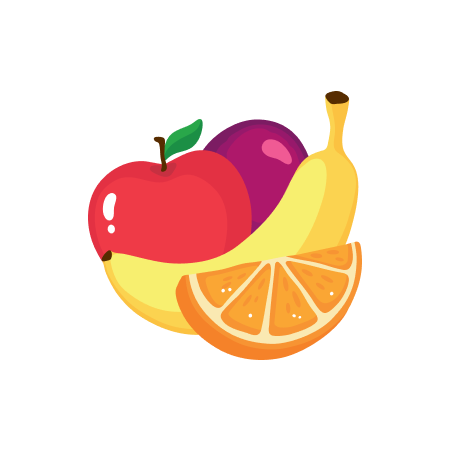 Bunte Illustration von Apfel, Pflaume, Banane und Orangenscheiben auf weißem Hintergrund.