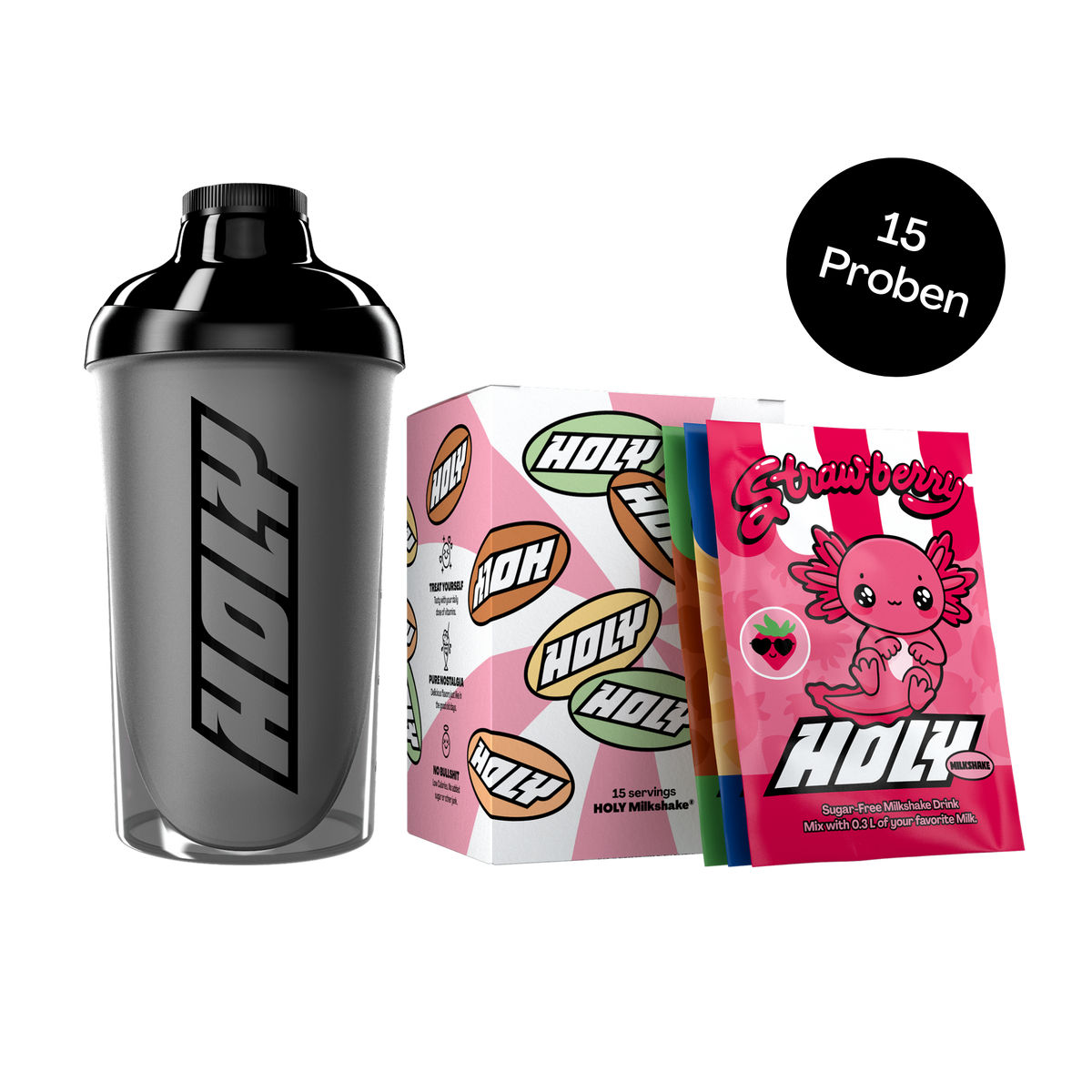 Schwarzer Shaker und Pappbox mit 15 Probepackungen in verschiedenen Geschmacksrichtungen, einschließlich Erdbeere.
