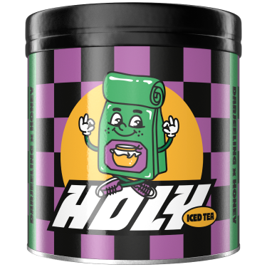 Schwarze Pappdose mit einem lachenden grünen Cartoon-Charakter auf lila-schwarz kariertem Hintergrund.