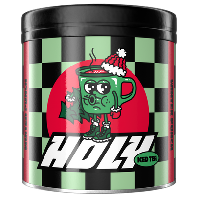 Pappdose mit weihnachtlichem Motiv eines grünen Bechers mit Weihnachtsmütze, vor kariertem schwarz-grünem Hintergrund.