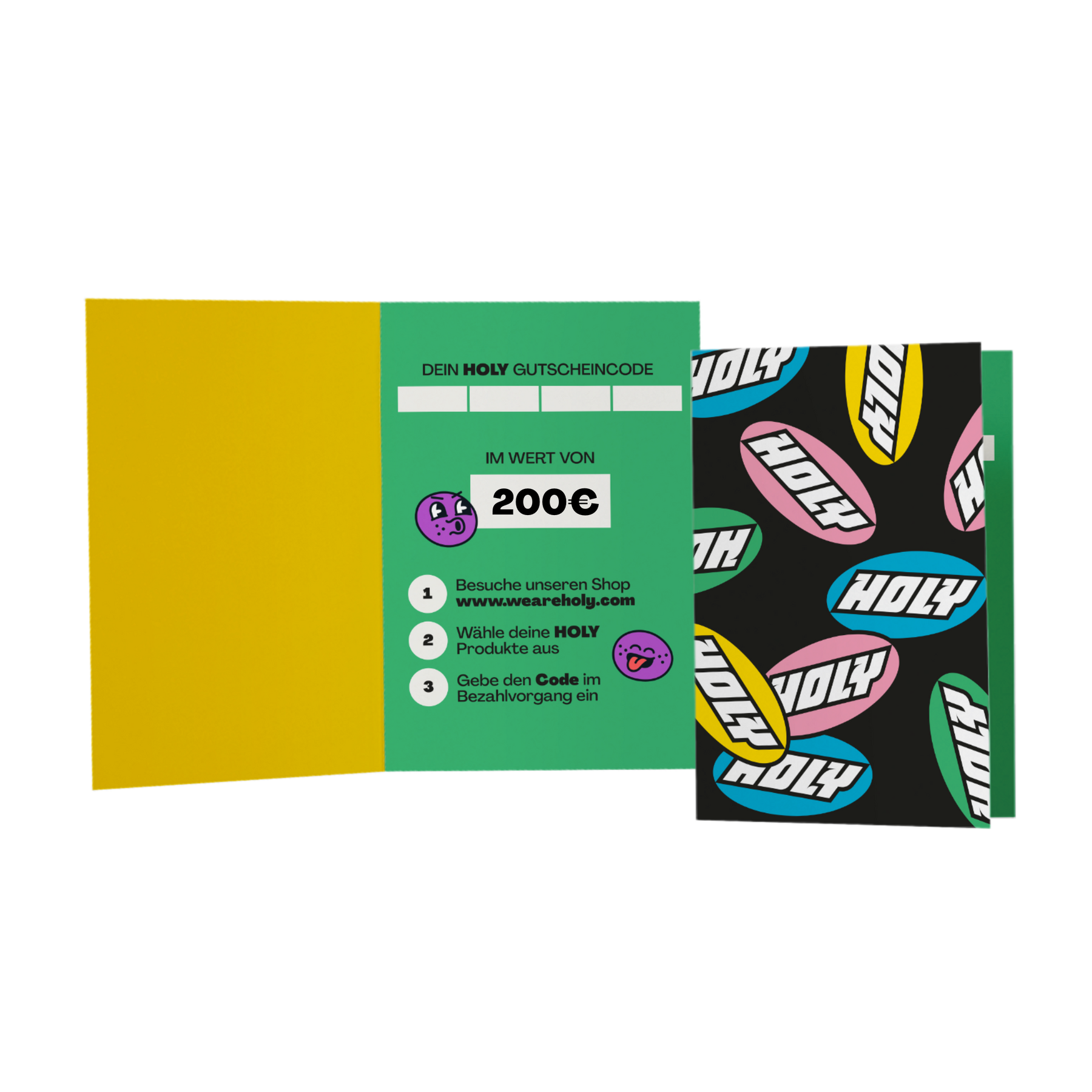 Geschenkgutschein im Wert von 200€ mit bunter HOLY-Logo-Gestaltung und Anweisungen zum Einlösen.